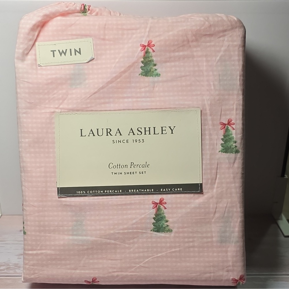 Laura Ashley 100% Cotton Percale Twin Sheet Set Pink Gingham Christmas